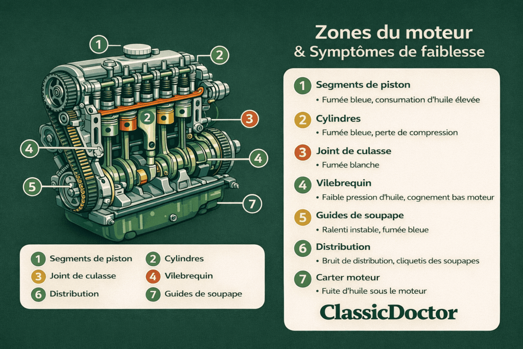 Schéma pour vérifier le moteur d'une voiture ancienne avec tous les symptômes en fonction des zones du moteur (Piston, Cylindre, joint de culasse, vilebrequin, guide de soupape, Distribution, Carter Moteur) Symptômes : Fumée bleue, perte de compression, ralenti instable ...