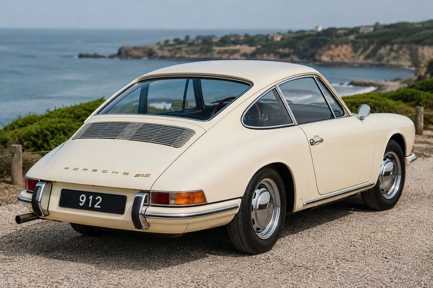 Porsche 912 rouge vue de trois quarts arrière mettant en valeur la ligne arrière, les pare-chocs chromés et les proportions caractéristiques du modèle.