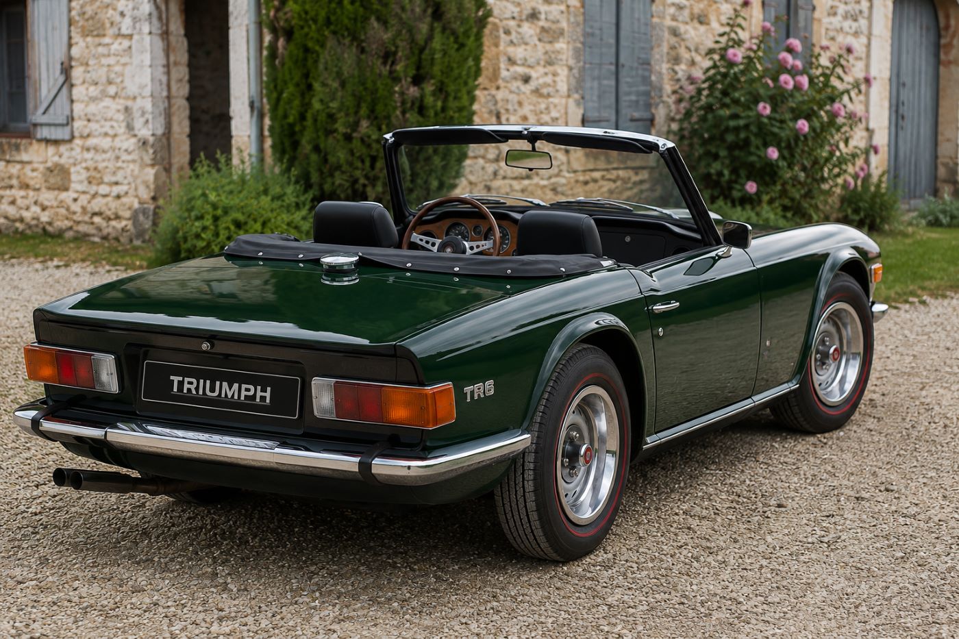 Triumph TR6 vue de trois quarts arrière avec ses ailes musclées, ses feux caractéristiques et sa silhouette intemporelle de roadster anglais.