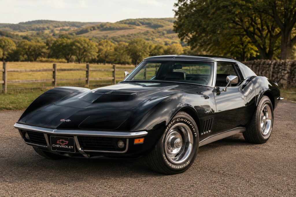 Chevrolet Corvette C3 de collection photographiée de trois-quarts avant, mettant en valeur ses lignes spectaculaires et son emblématique V8 américain.
