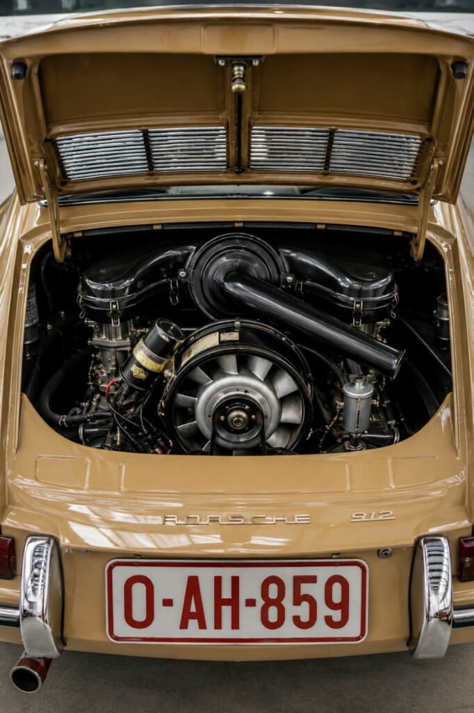 Moteur flat-four 1,6 litre d'origine d'une Porsche 912 avec capot arrière ouvert, illustrant la mécanique héritée de la Porsche 356.