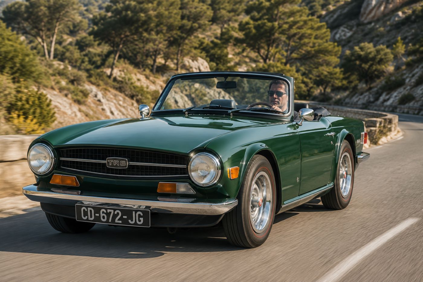 Triumph TR6 roulant sur une route de campagne, illustrant le plaisir de conduite et le caractère authentique de ce roadster britannique de collection.