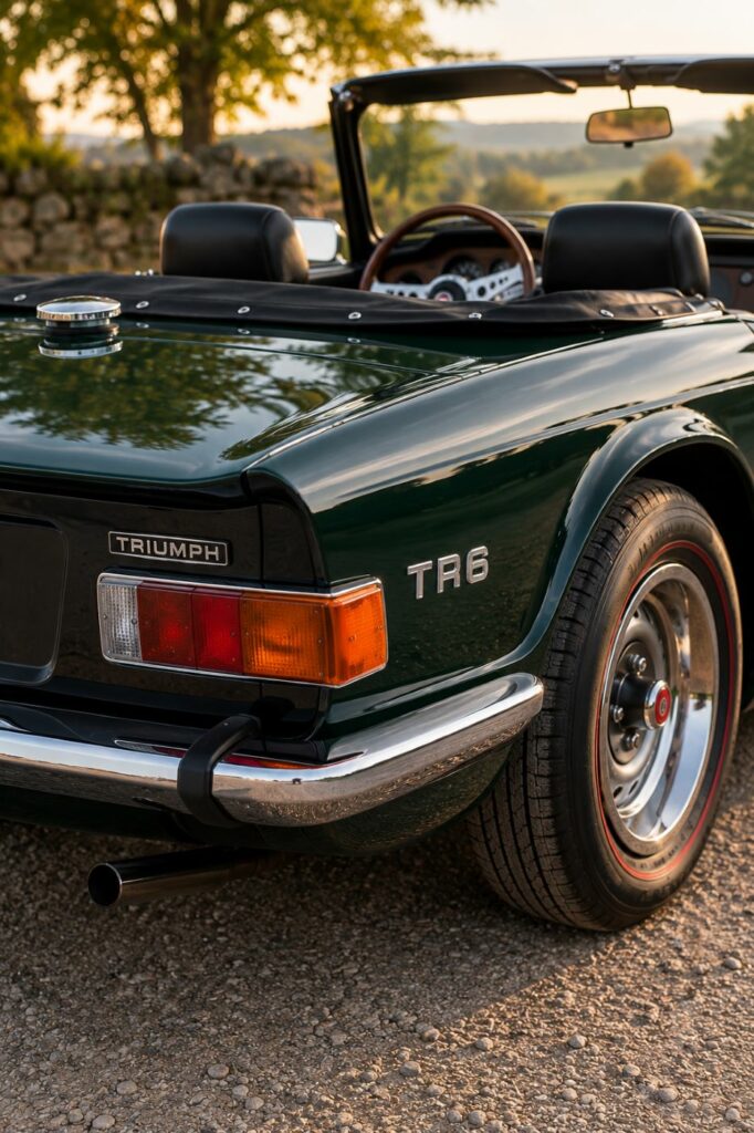 Gros plan sur le feu arrière droit et les chromes d'une Triumph TR6, mettant en valeur les détails caractéristiques du modèle.