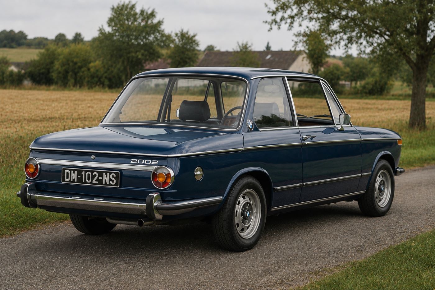 Vue rapprochée de l'arrière droit d'une BMW 2002 mettant en valeur les feux et les chromes d'origine.