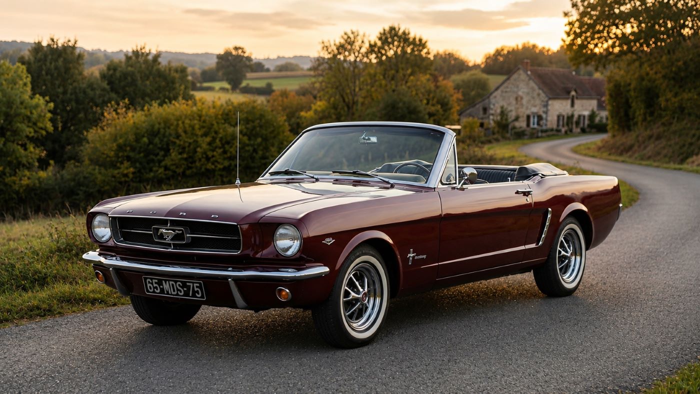 Vue de trois quarts avant d'une Ford Mustang Cabriolet rouge bordeaux de 1965 dans un état impeccable.