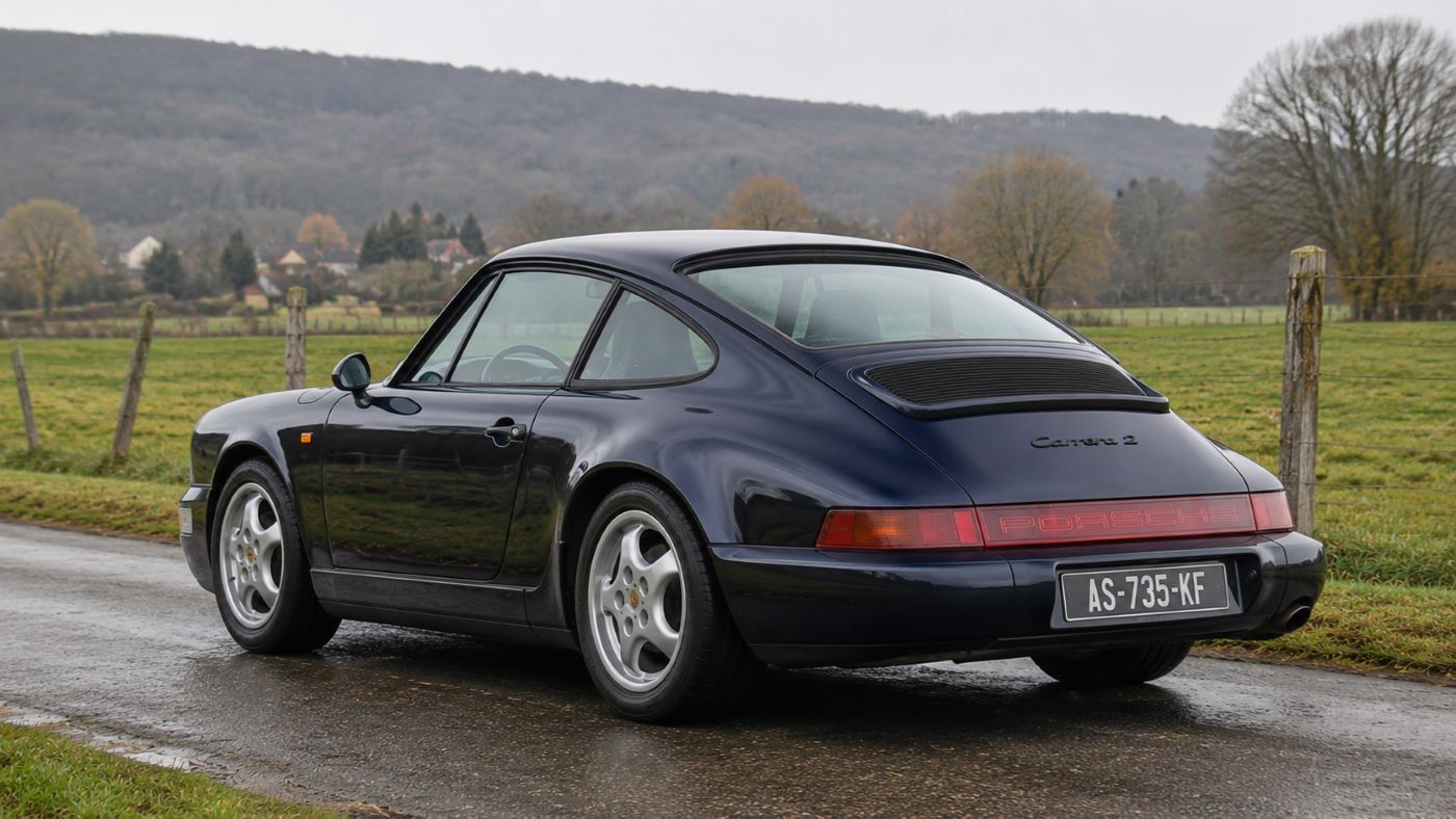 3/4 arrière : Vue de trois quarts arrière d'une Porsche 911 (964), dernière génération de 911 classique refroidie par air.