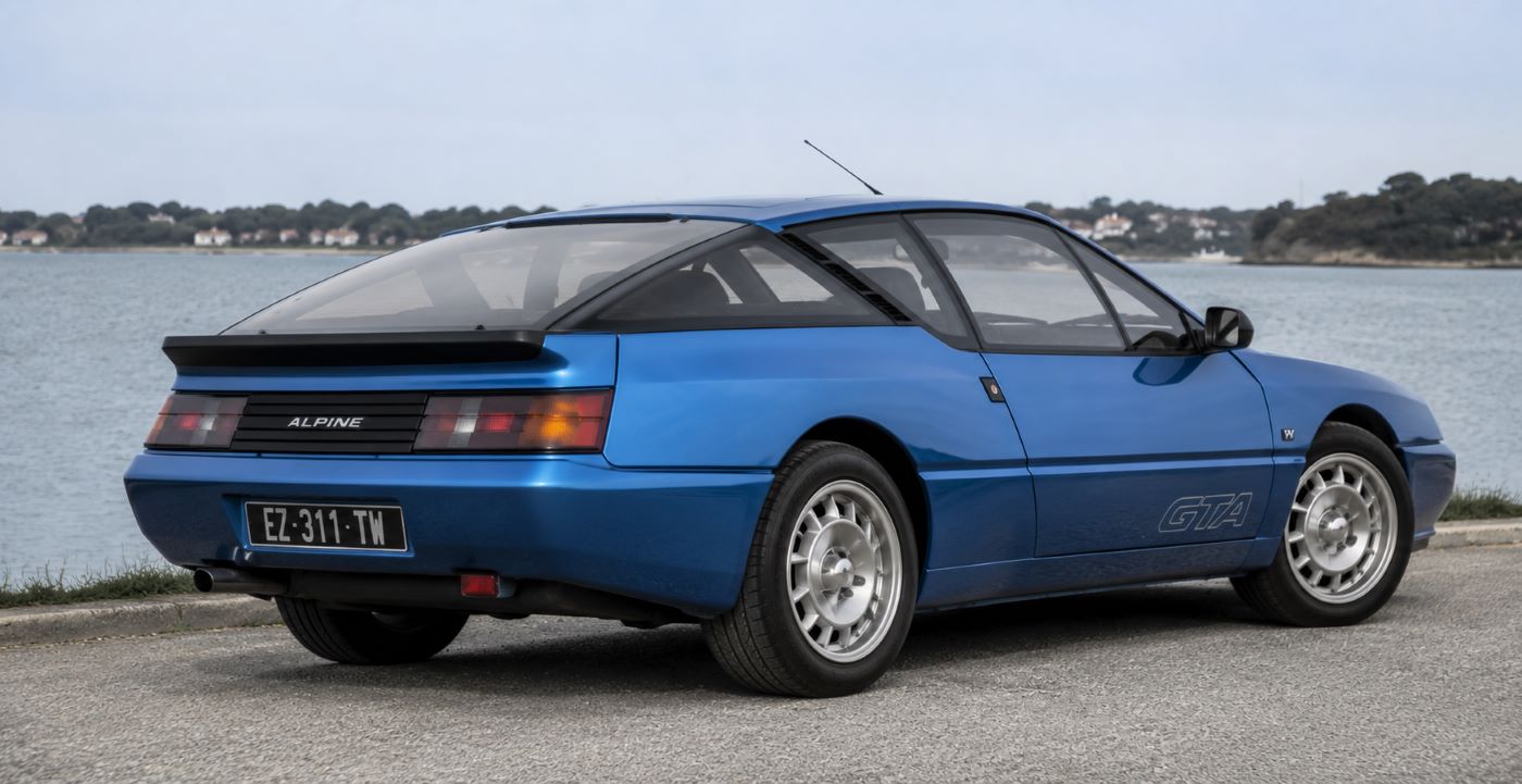 Vue arrière d’une Renault Alpine GTA mettant en valeur sa silhouette aérodynamique, son large hayon vitré et son architecture à moteur arrière.