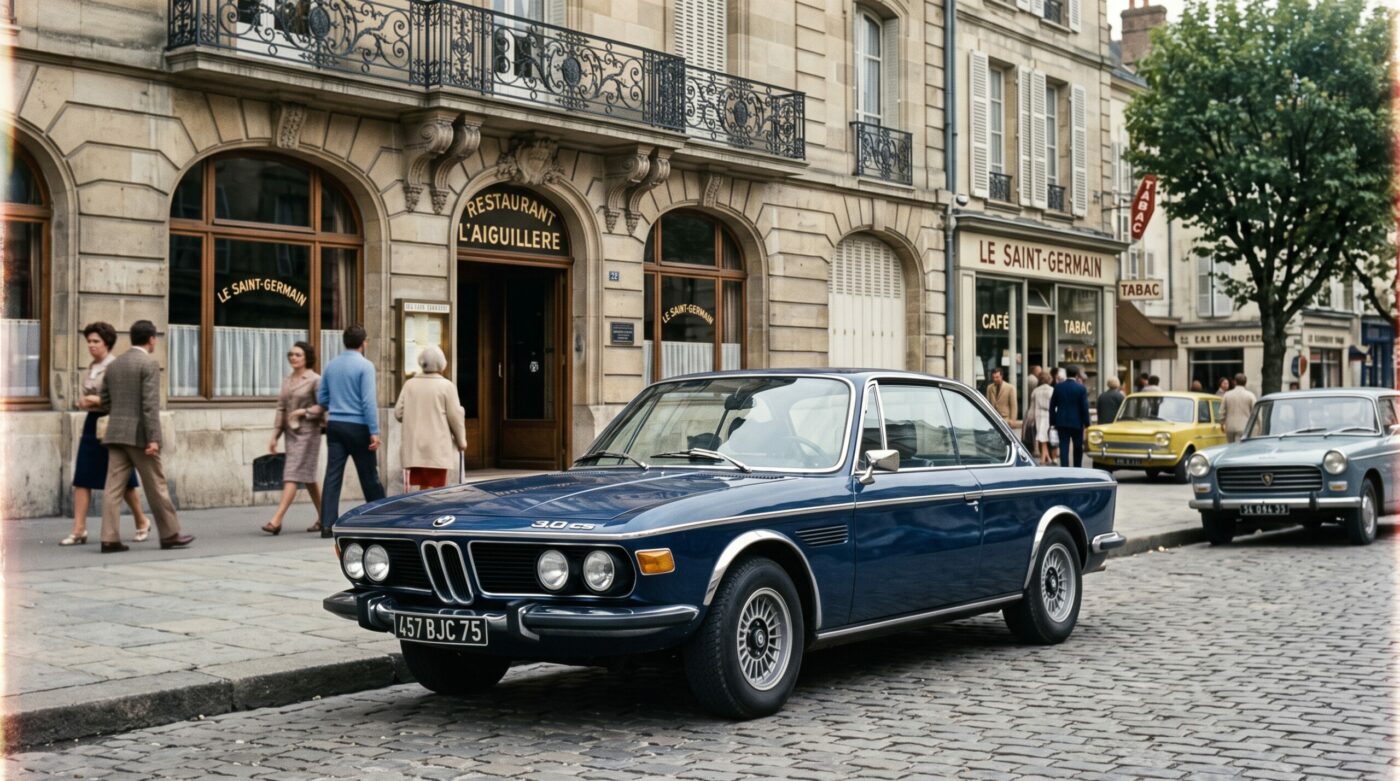 Image d'époque mettant en scène une BMW E9 Coupé devant une architecture classique, rappelant les années 1970.
