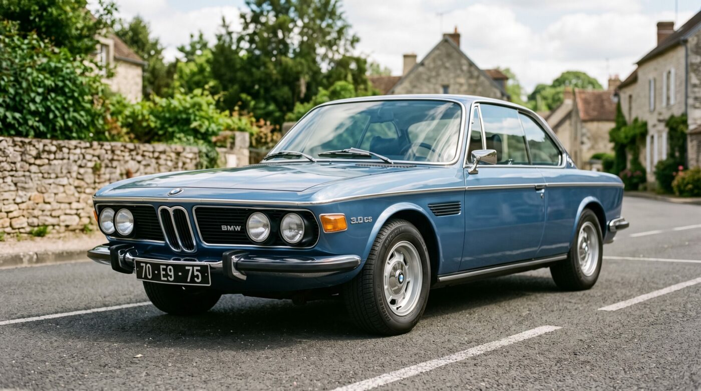 BMW E9 coupe en bleu métallisé, vue de trois quarts avant, mettant en valeur sa ligne élégante et ses chromes.