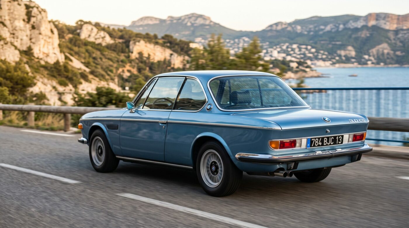 BMW E9 coupe bleue, vue de trois quarts arrière soulignant le design iconique du coupé de collection allemand.
