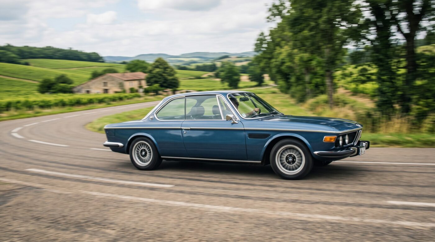 BMW E9 coupe bleue en plein essai routier sur une route sinueuse, illustrant le plaisir de conduire ce modèle.