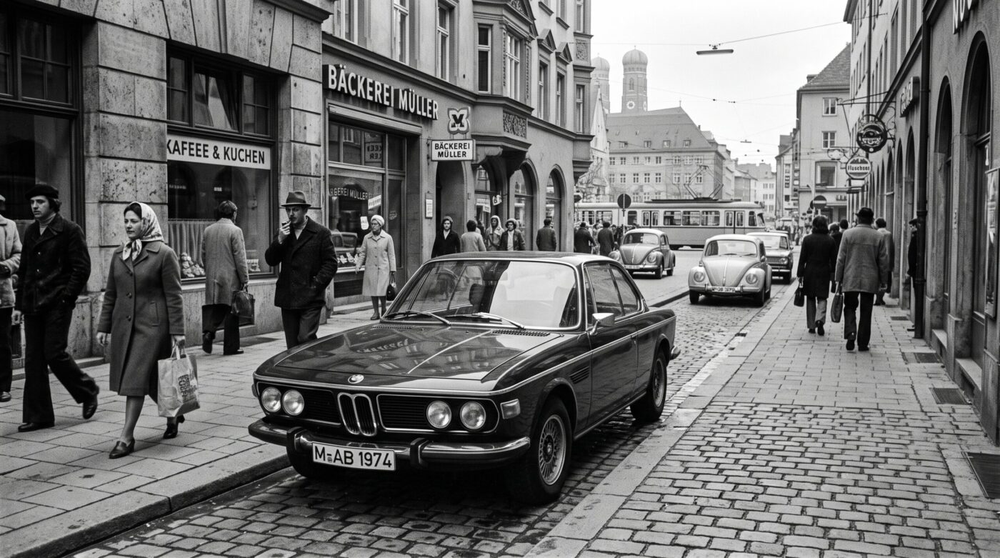 Photographie historique d'époque montrant une BMW E9 dans un environnement urbain des années 1970.