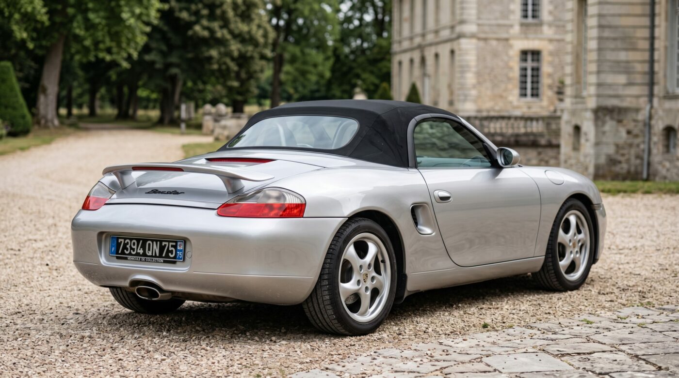 Porsche Boxster 986 gris de 1996 vu de trois quarts arrière avec ses feux caractéristiques.