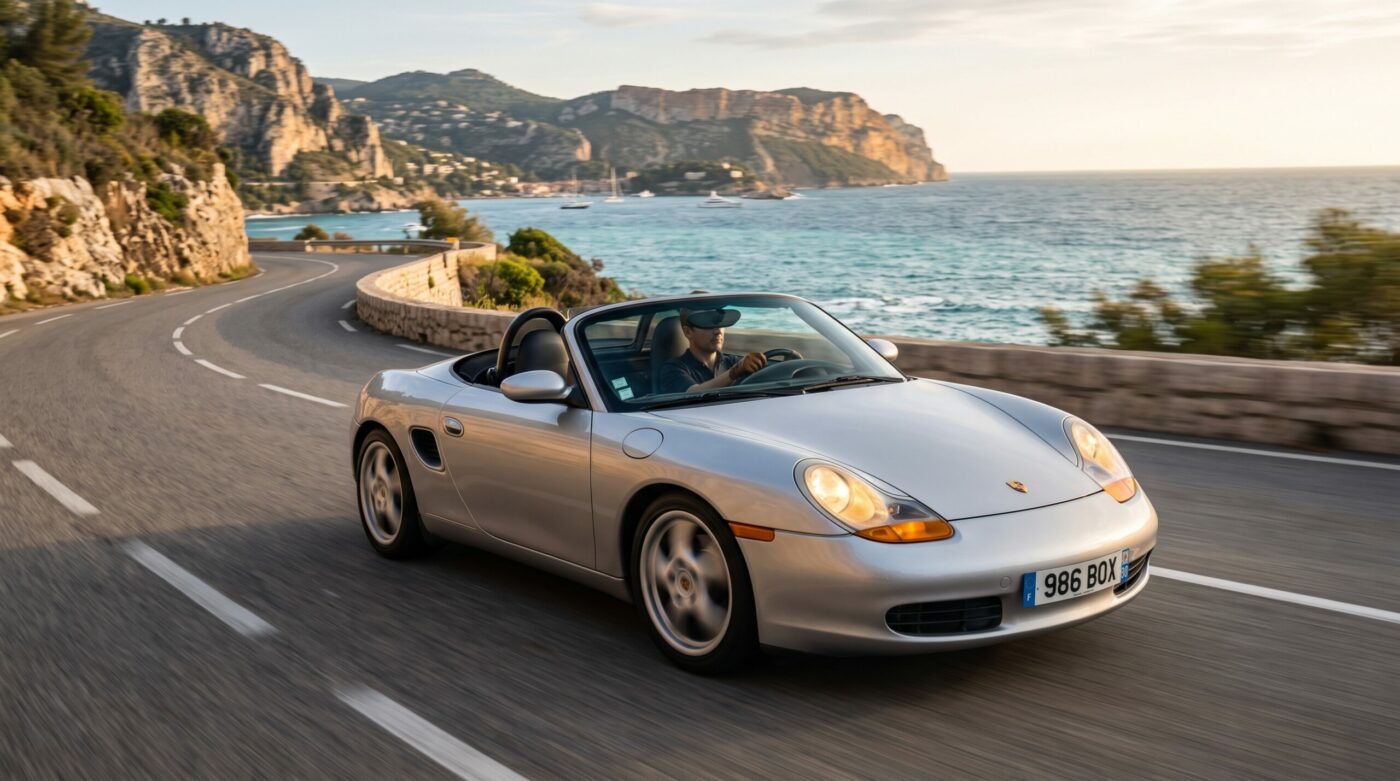 Porsche Boxster 986 gris en plein essai routier sur une route de bord de mer.