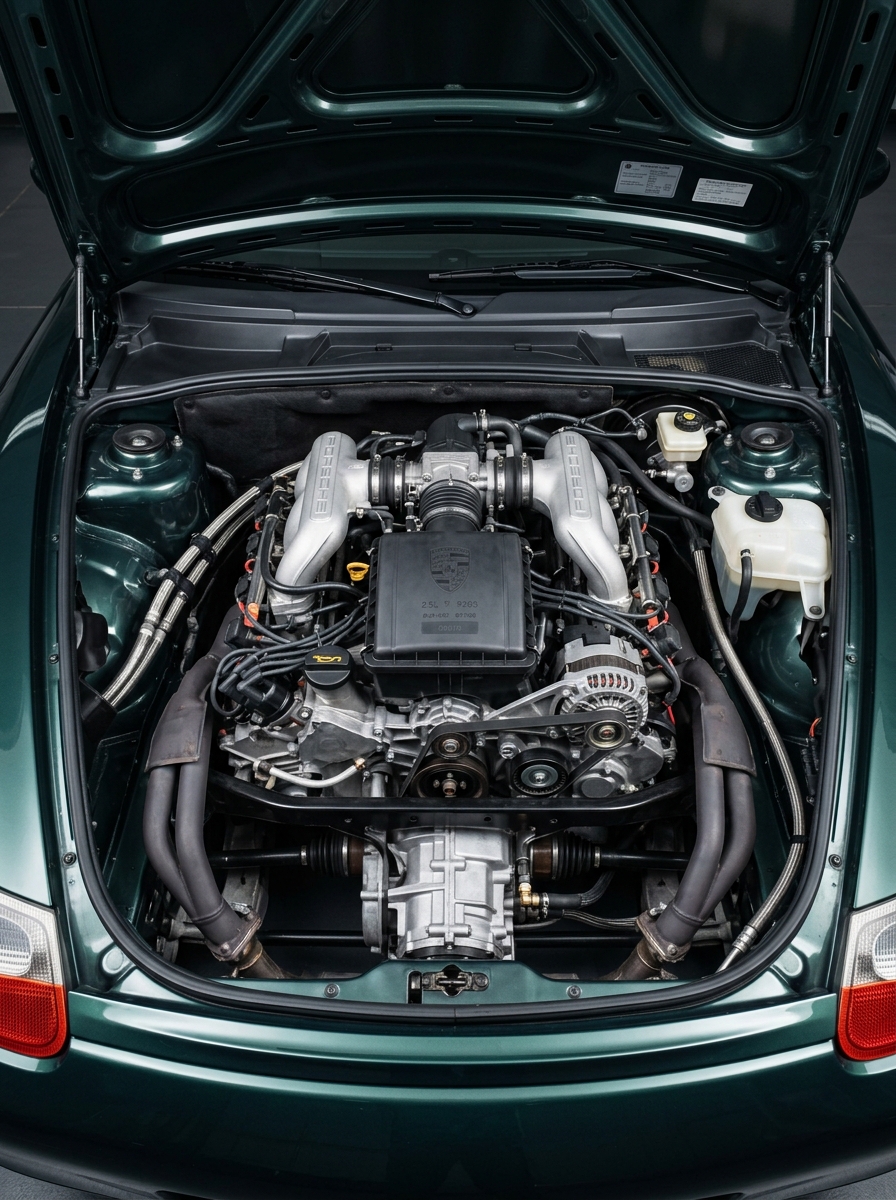 Détail du moteur flat-six central d'une Porsche Boxster 986 parfaitement entretenu.