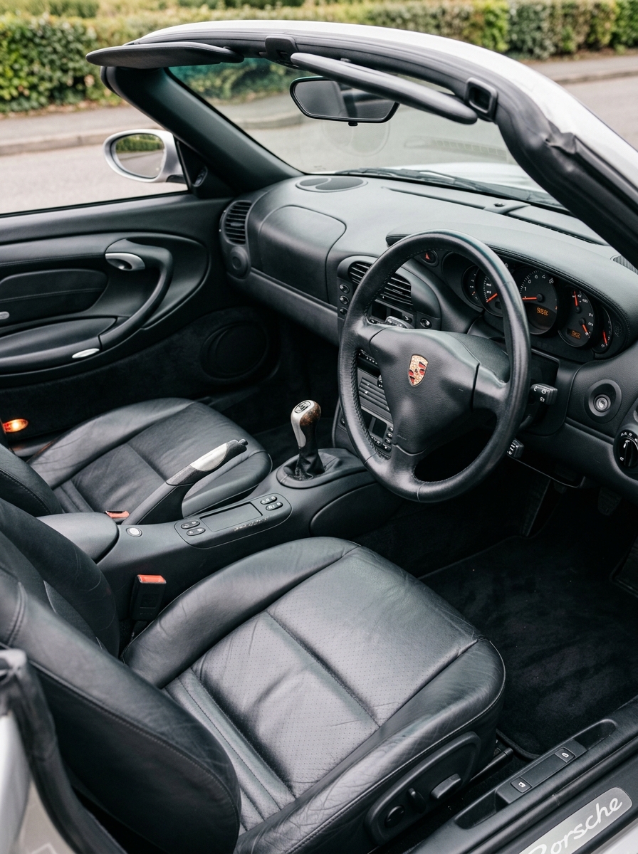 Habitacle intérieur d'une Porsche Boxster 986 avec sellerie cuir noire et finition d'origine.