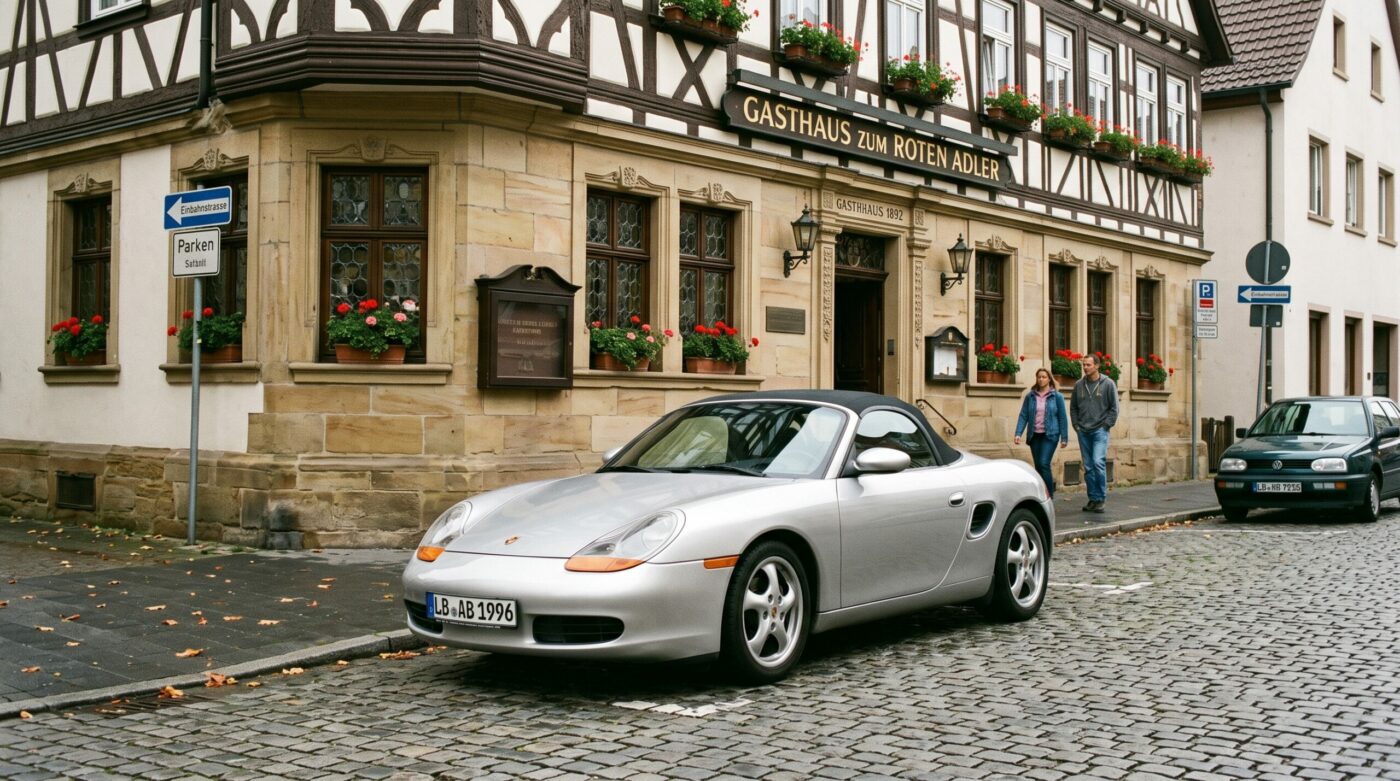 Image d'époque mettant en valeur une Porsche Boxster 986 gris des années 90.