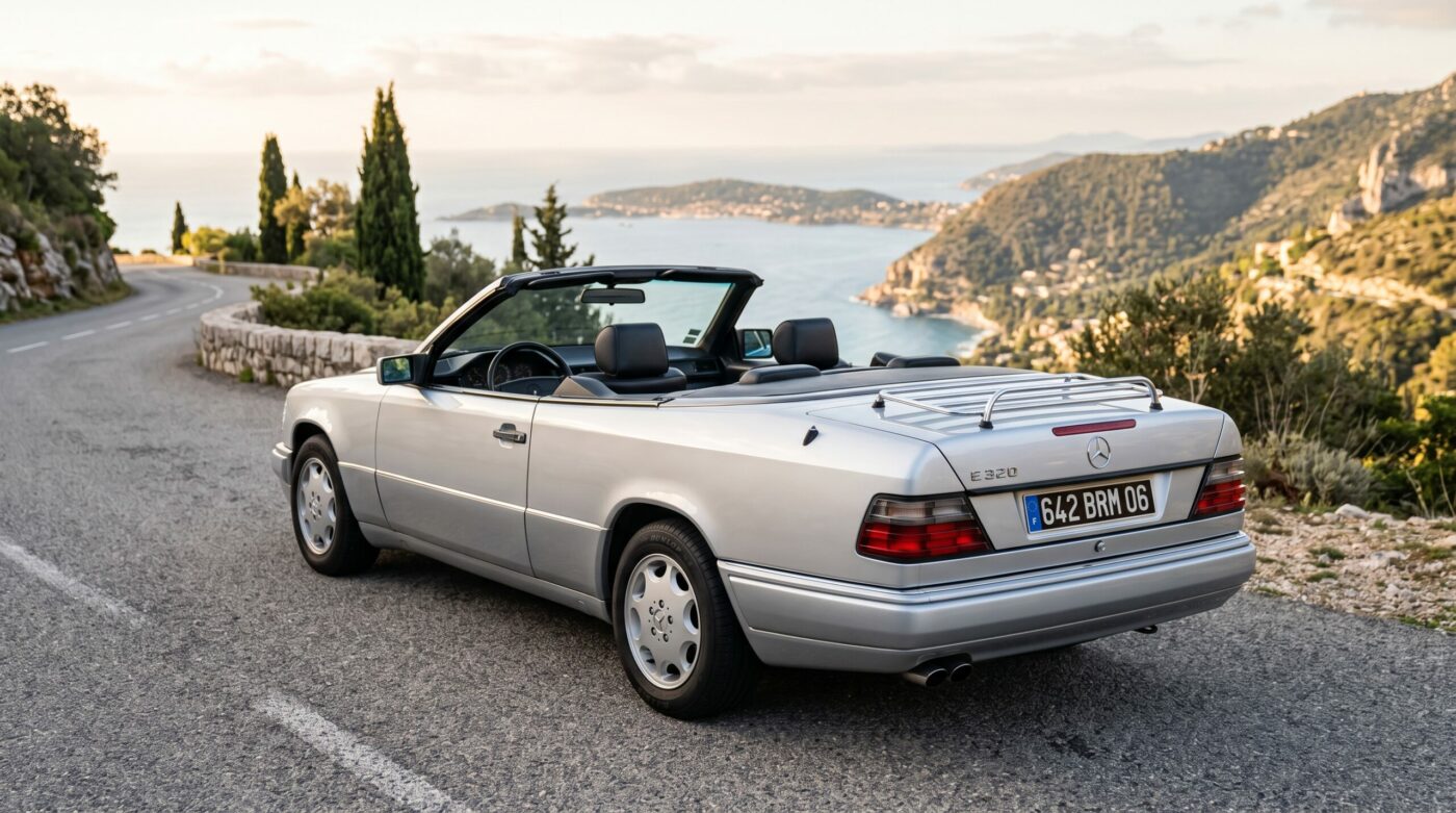 Vue arrière trois quarts d'un cabriolet Mercedes W124 gris, soulignant l'élégance de sa poupe et de ses feux.