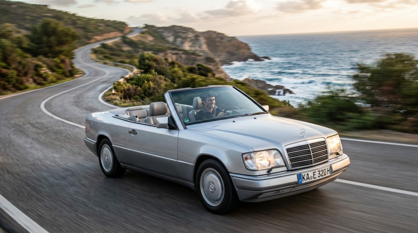  Mercedes W124 cabriolet gris en essai routier sur une route de bord de mer, illustrant le plaisir de conduite.