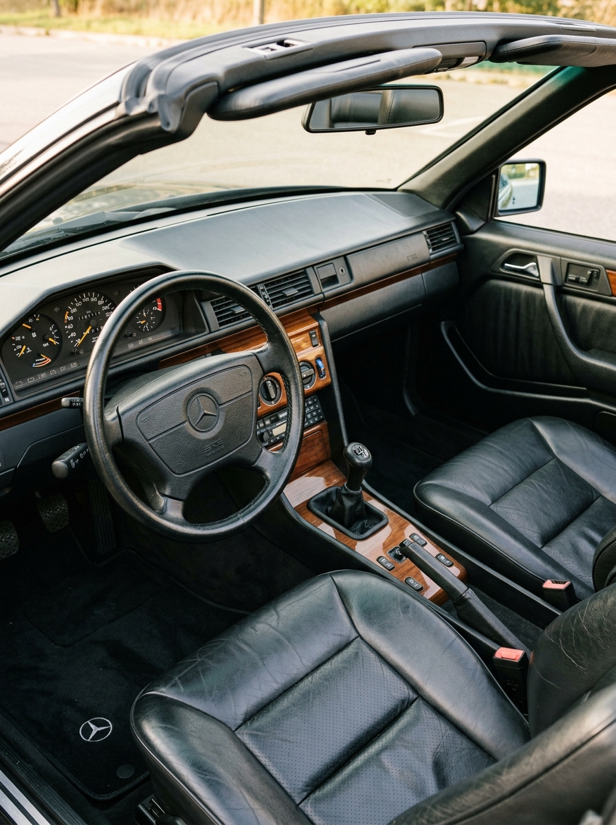  Habitacle intérieur d'un cabriolet Mercedes W124, mettant en avant le cuir noir et les boiseries d'origine.