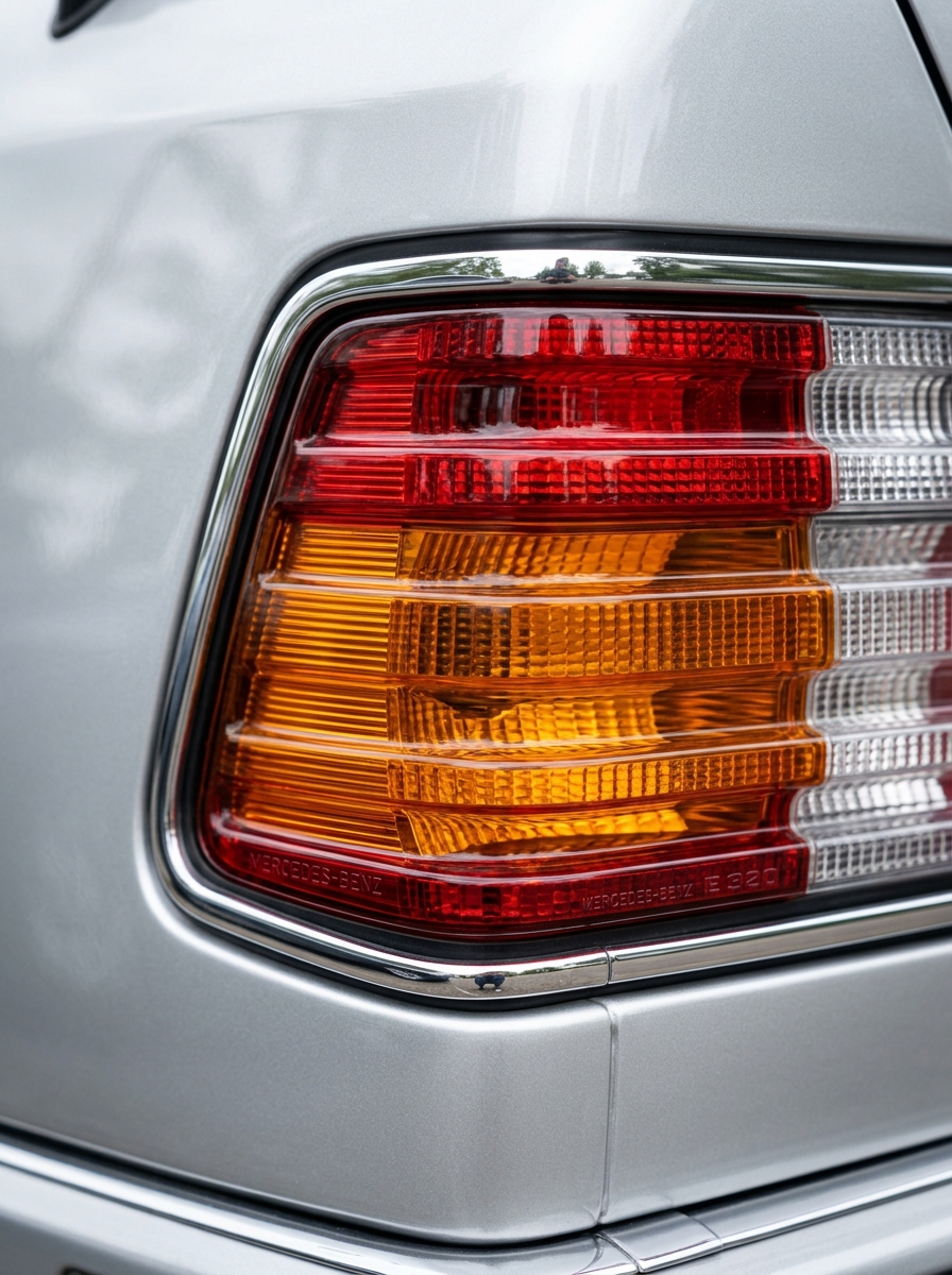  Gros plan sur le feu arrière strié caractéristique d'une Mercedes W124, témoignant de son état de conservation.