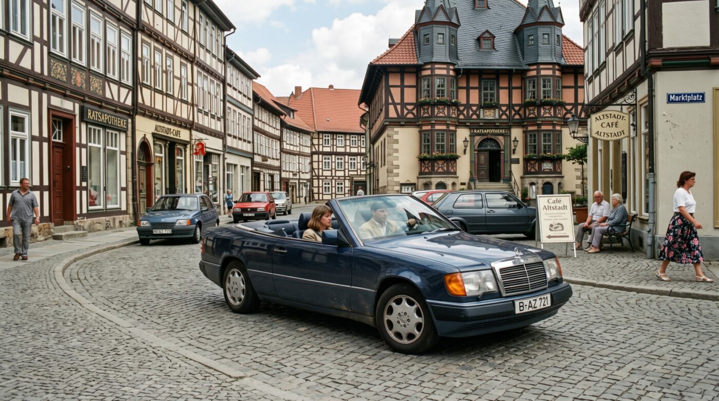  Illustration historique d'une Mercedes W124 cabriolet dans un décor urbain des années 90, ambiance nostalgique.