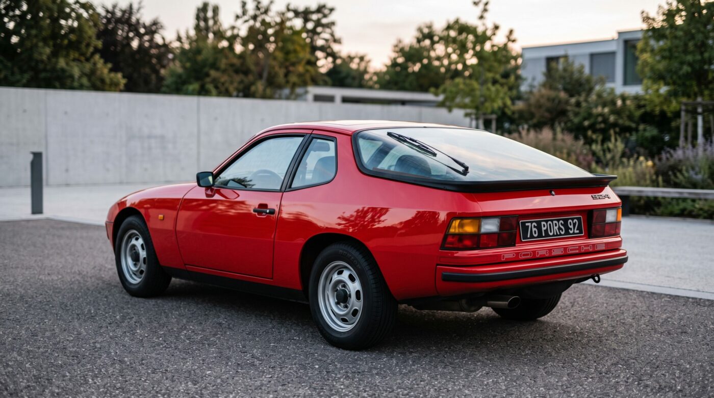 Vue arrière trois quarts d'une Porsche 924 rouge mettant en évidence sa lunette arrière caractéristique.