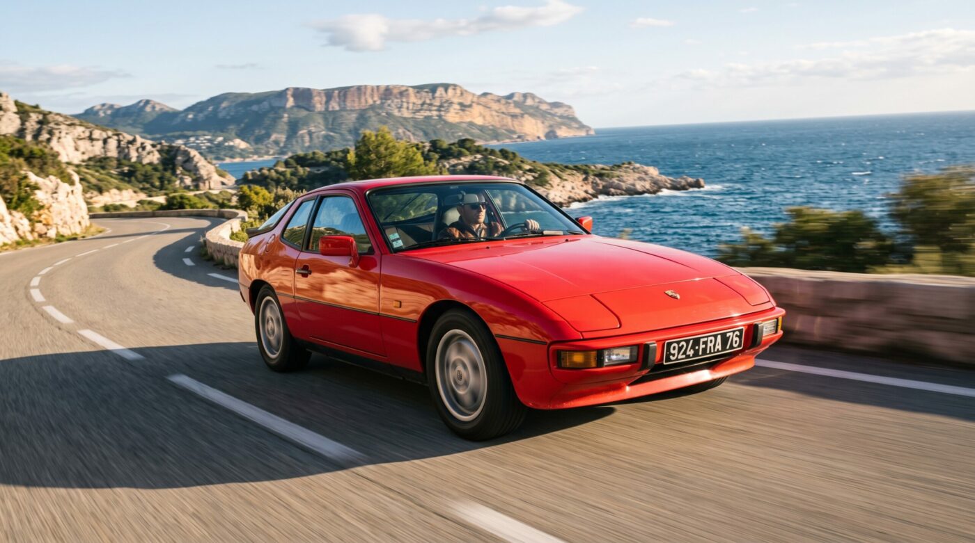 Porsche 924 rouge en plein essai routier sur une route de campagne française avec un effet de vitesse dynamique.