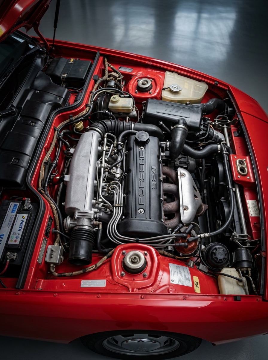 Vue détaillée du compartiment moteur 2.0 litres d'une Porsche 924 rouge dans son état d'origine.