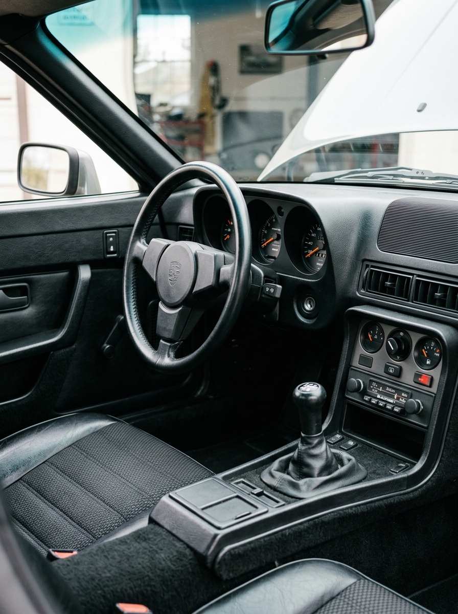 Habitacle intérieur d'une Porsche 924 rouge avec tableau de bord d'époque et sellerie noire conservée.
