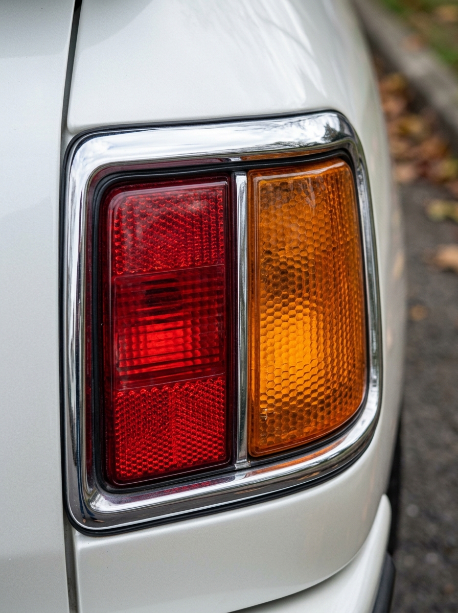 Gros plan détaillé sur le feu arrière d'une Porsche 924 rouge montrant la texture du cabochon.