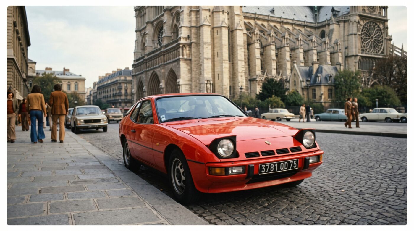 Illustration historique d'une Porsche 924 rouge garée dans un décor urbain typique des années 70.
