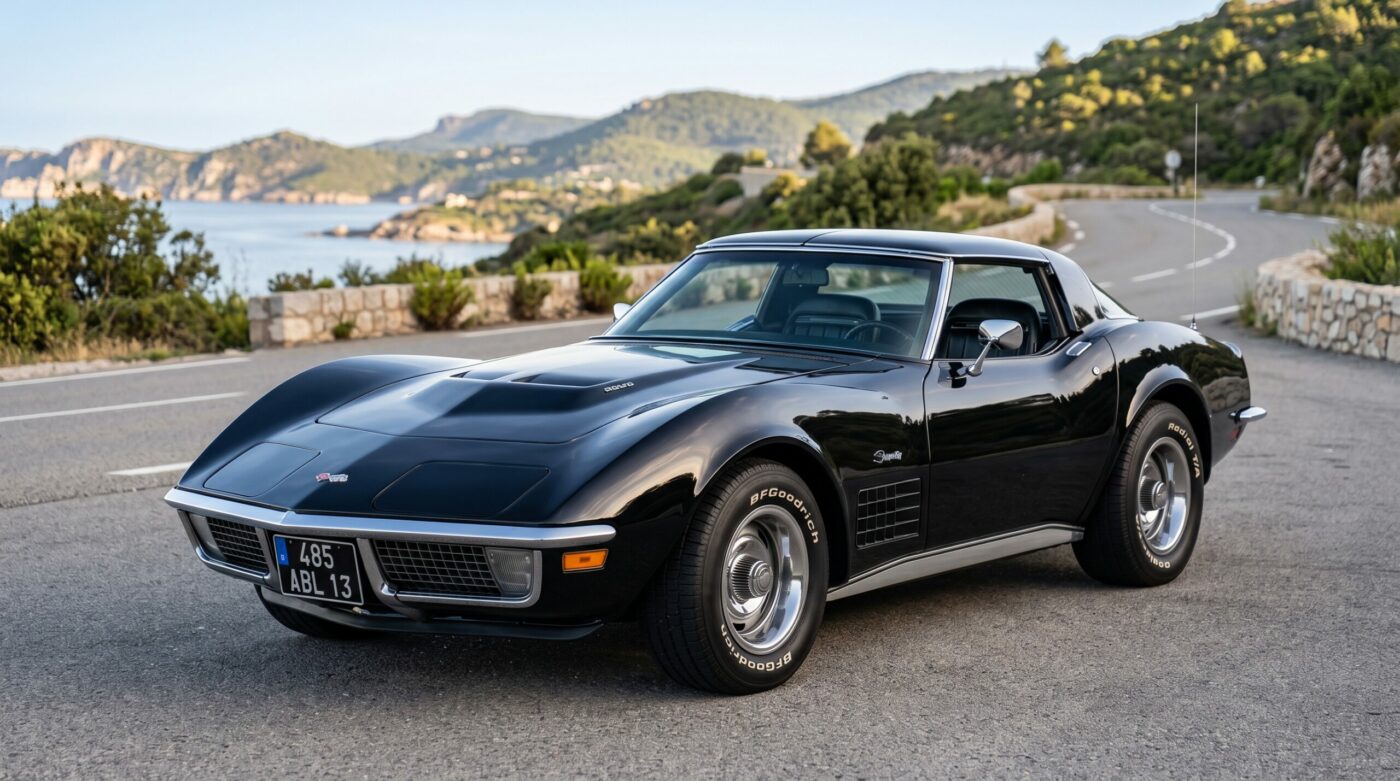Vue de trois quarts avant d'une Chevrolet Corvette C3 noire de 1980 sur une route panoramique