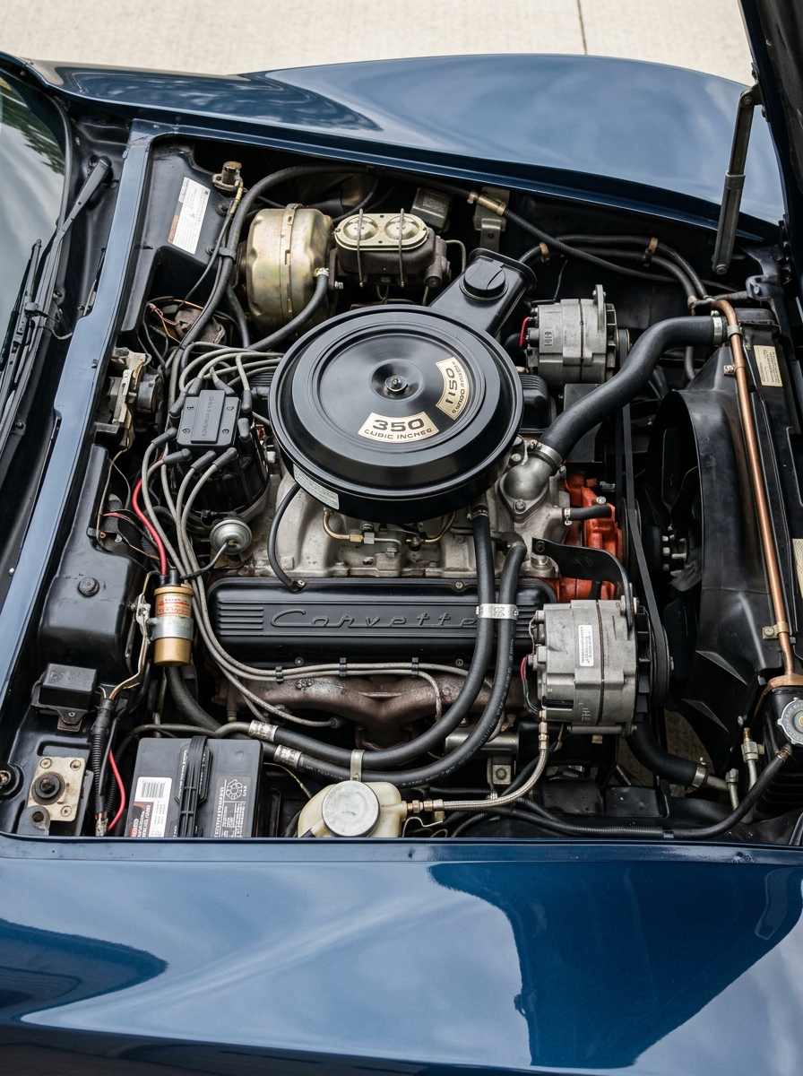 Vue verticale détaillée du compartiment moteur V8 d'une Chevrolet Corvette C3 d'origine