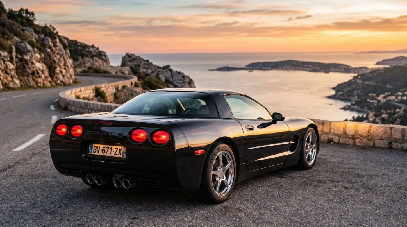 Chevrolet Corvette C5 1997 noire vue de l'arrière mettant en valeur ses feux ronds caractéristiques et sa ligne.
