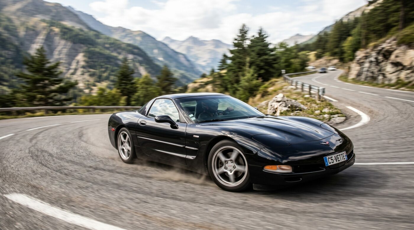 Chevrolet Corvette C5 1997 noire en essai routier dynamique sur une route de montagne française.