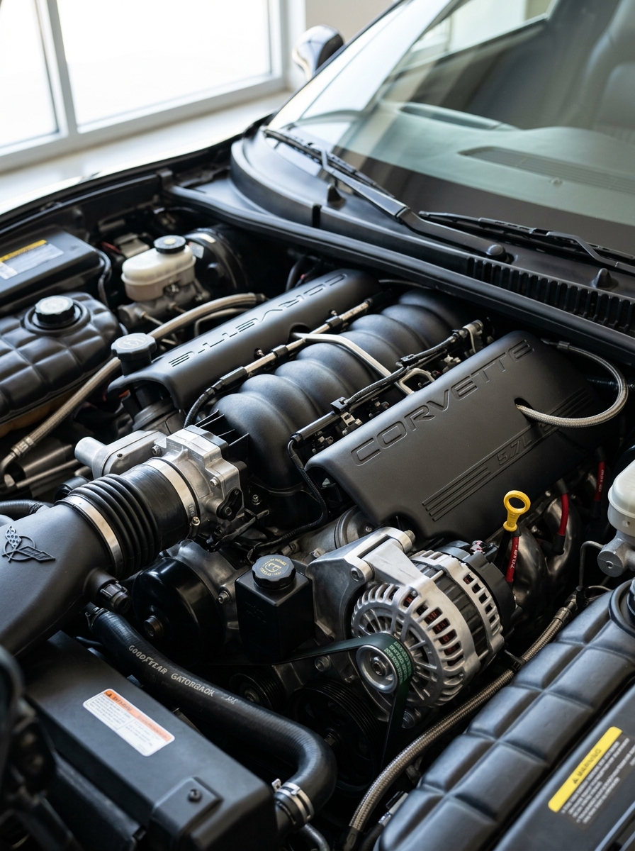 Moteur V8 LS1 propre et bien entretenu sous le capot d'une Chevrolet Corvette C5 1997.