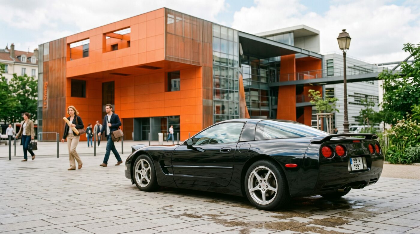 Chevrolet Corvette C5 noire stationnée devant une architecture moderne, évoquant le style des années 2000.