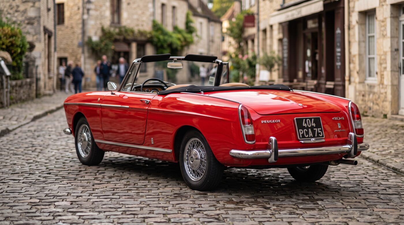 Peugeot 404 cabriolet rouge vue de trois quarts arrière soulignant les lignes signées Pininfarina.