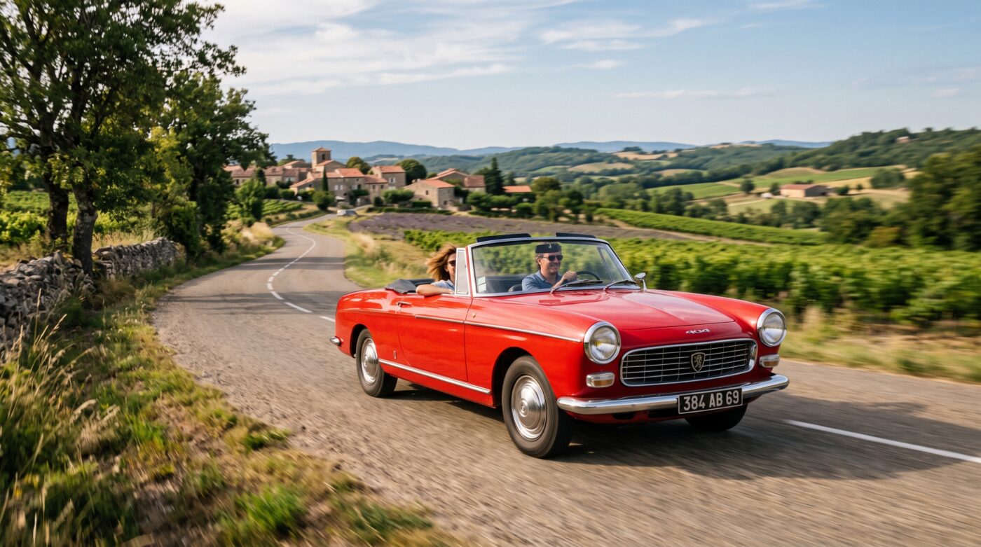 Peugeot 404 cabriolet rouge en plein essai routier sur une route de campagne française.