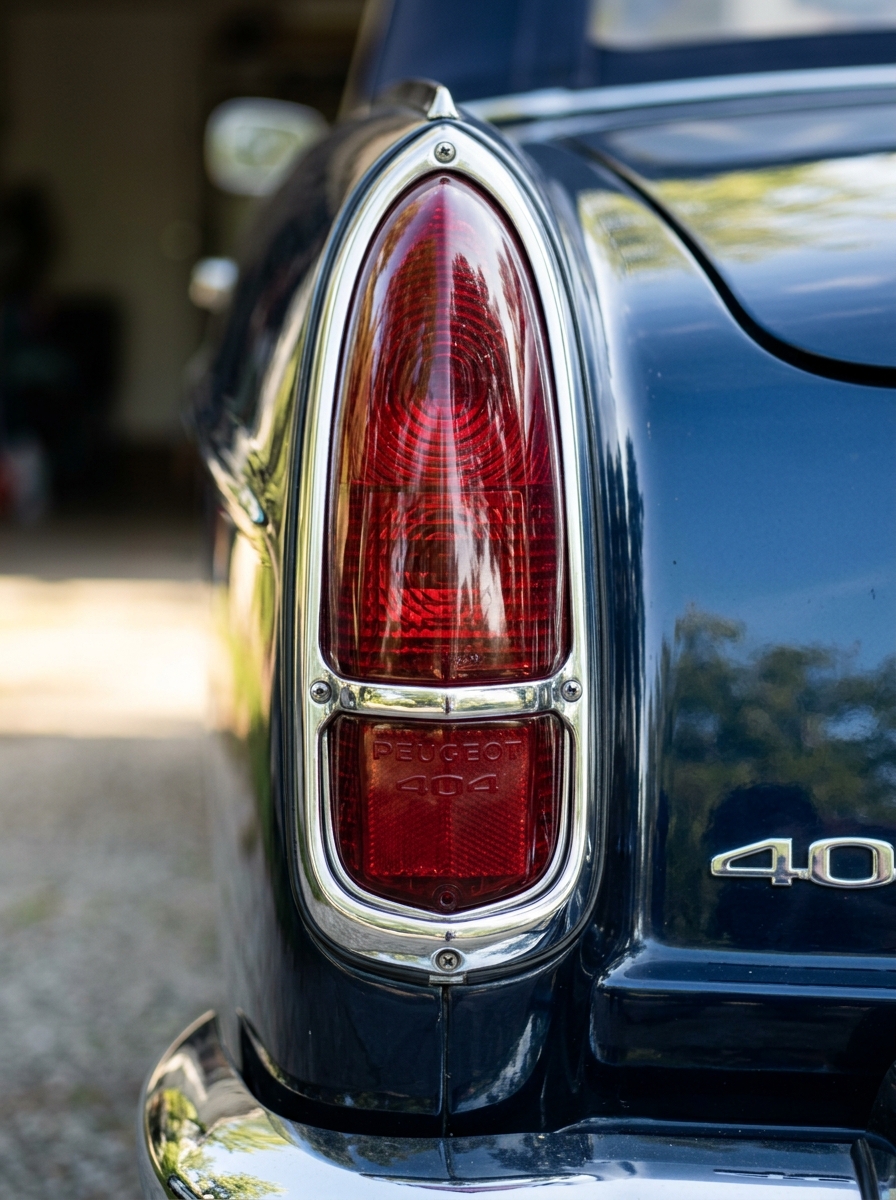 Gros plan sur le design caractéristique du feu arrière chromé d'un cabriolet Peugeot 404.