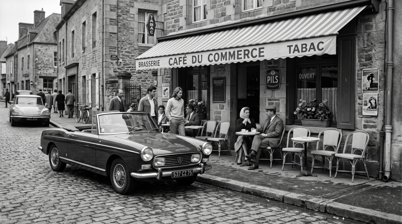 Illustration historique en noir et blanc d'un cabriolet Peugeot 404 devant un café français des années 60.