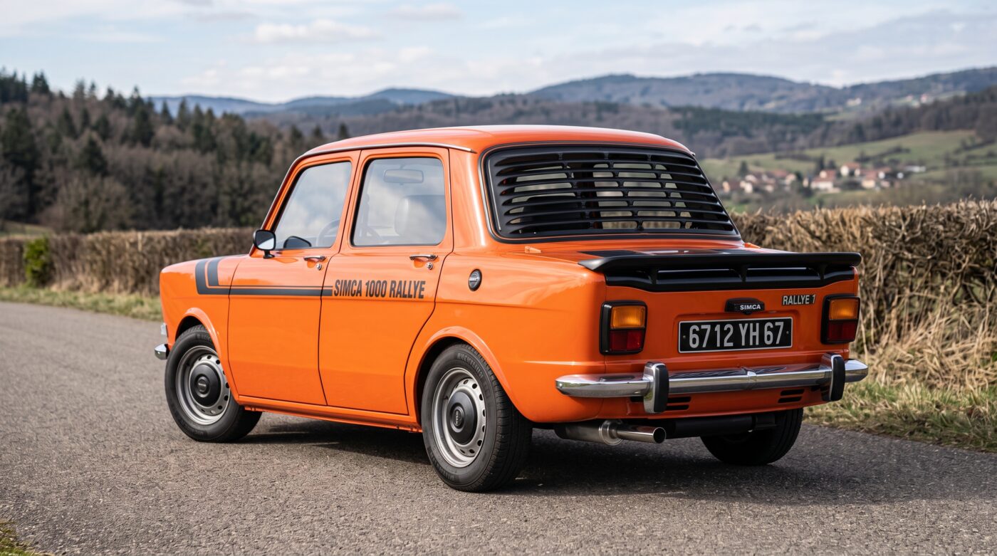 Vue arrière de trois quarts d'une Simca 1000 Rallye orange montrant les détails de la carrosserie arrière.