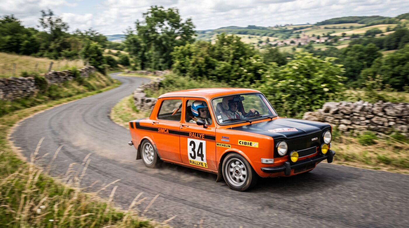  Simca 1000 Rallye orange en plein essai routier sur une route de campagne sinueuse, mouvement dynamique.