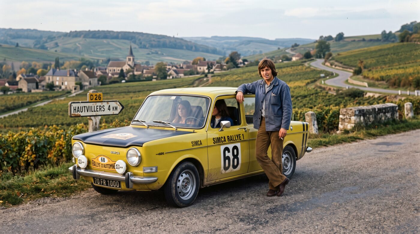  Image style historique d'une Simca 1000 Rallye orange capturée dans une ambiance des années 70.