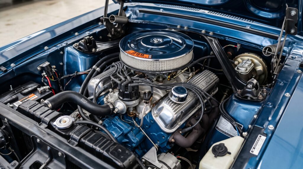 Gros plan sur le compartiment moteur V8 restauré d'une Ford Mustang Fastback classique.