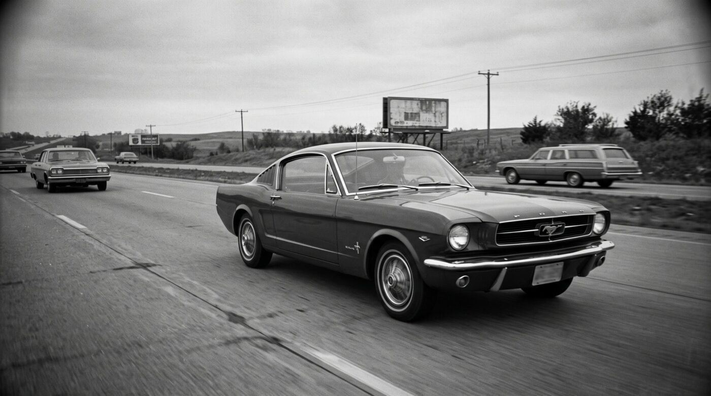 Ford Mustang Fastback noire dans un décor urbain historique des années 1960.