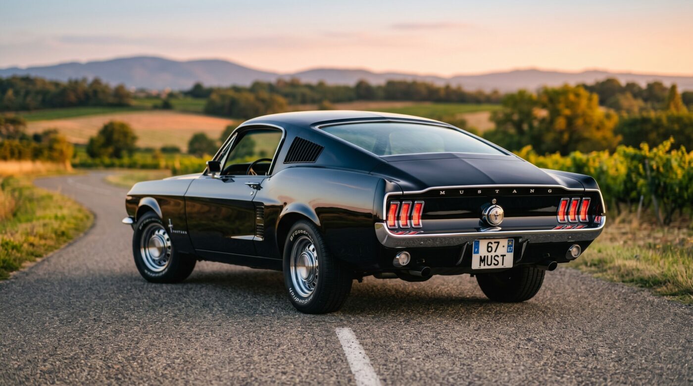 Ford Mustang Fastback noire photographiée de trois quarts arrière sur une route de campagne.