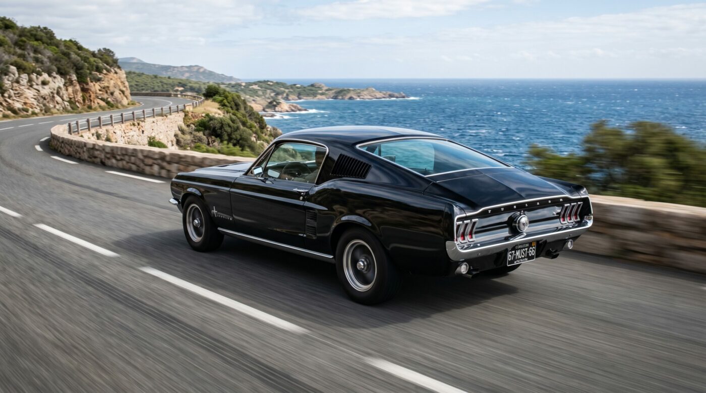  Ford Mustang Fastback noire en plein essai routier sur une route sinueuse.