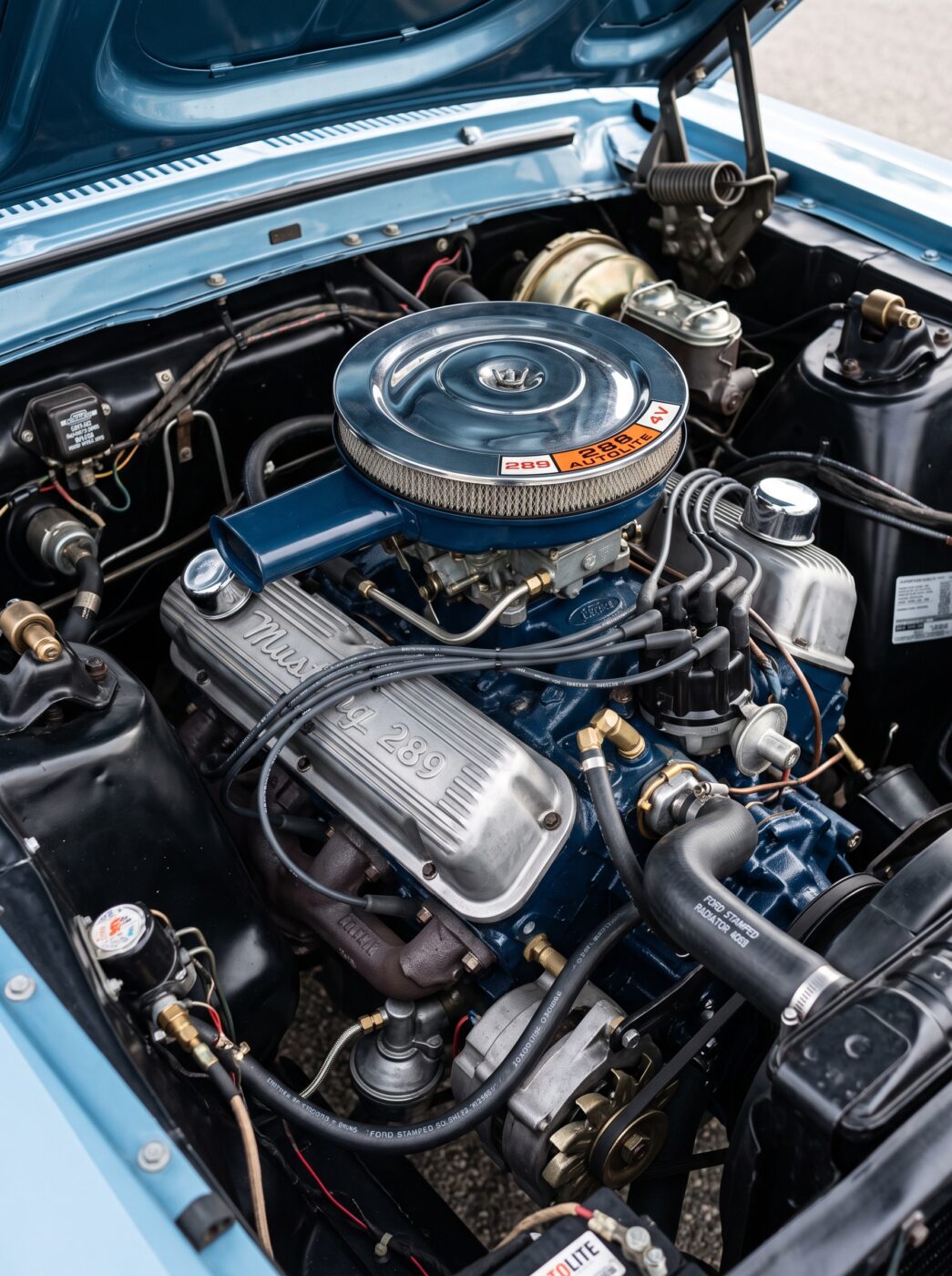  Vue détaillée du compartiment moteur V8 d'une Ford Mustang Fastback classique.